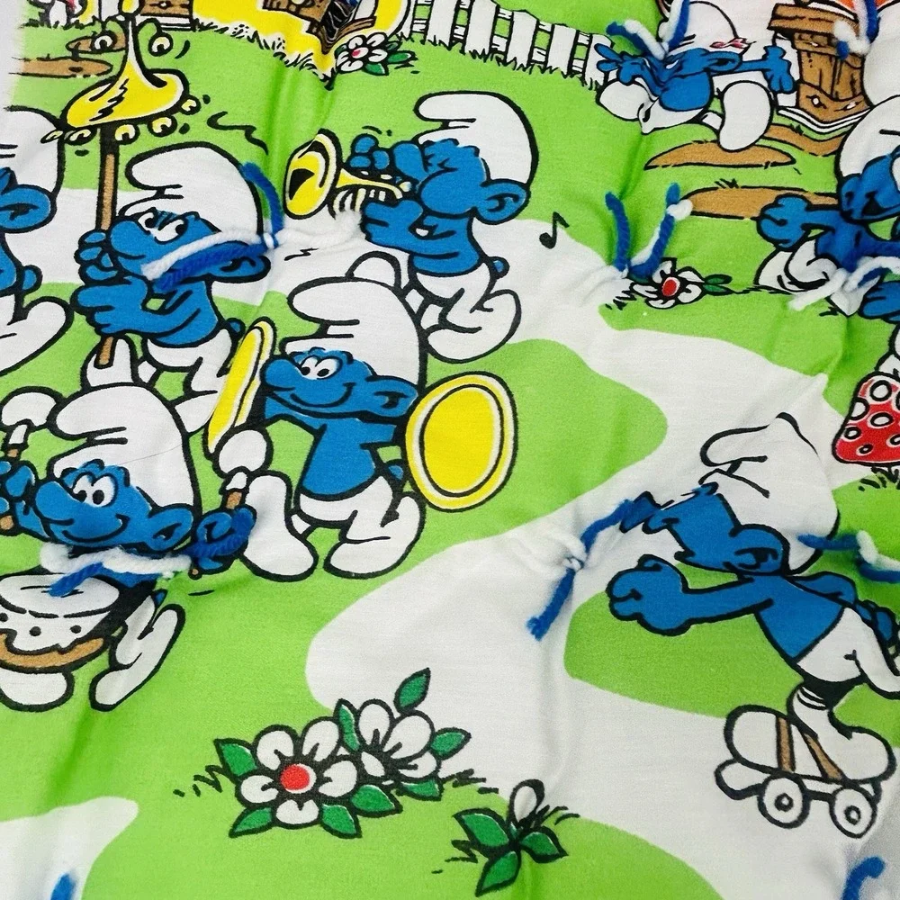 Vintage Smurfs Baby Blanket Quilt Project Unfinished Edges 48x42 Handmade 80s